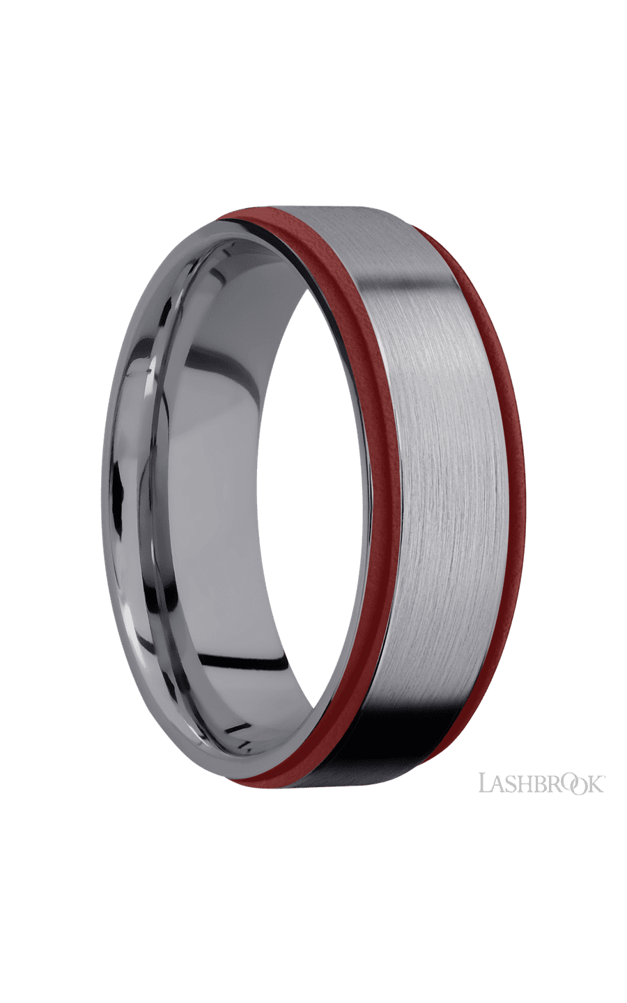 7 mm wide/Flat Grooved Edges/Tantalum band with two 1 mm Edge inlays of Crimson.