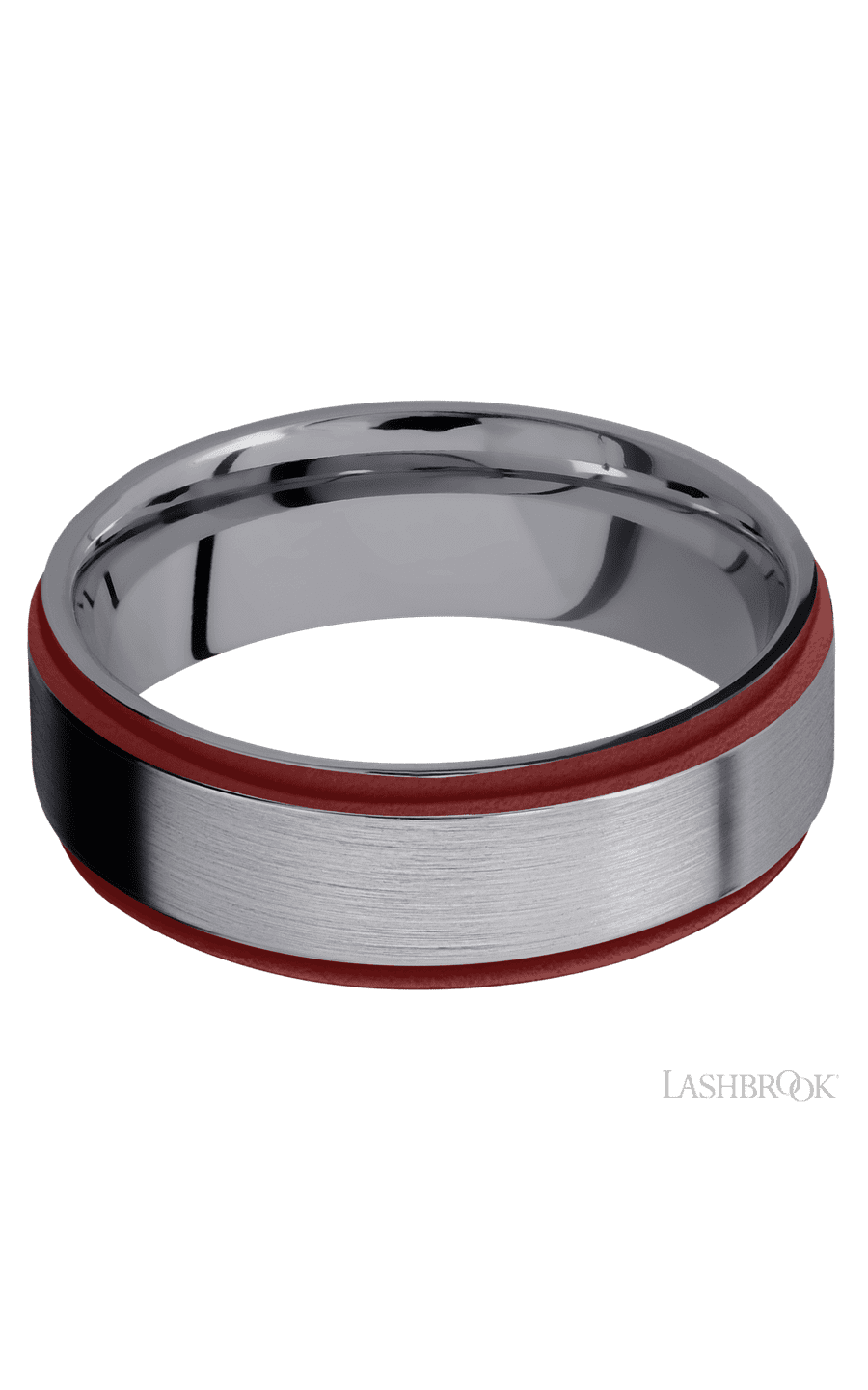 7 mm wide/Flat Grooved Edges/Tantalum band with two 1 mm Edge inlays of Crimson.