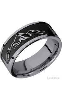 8 mm wide/Flat/Tantalum band with a laser carved Mountain 2 pattern.