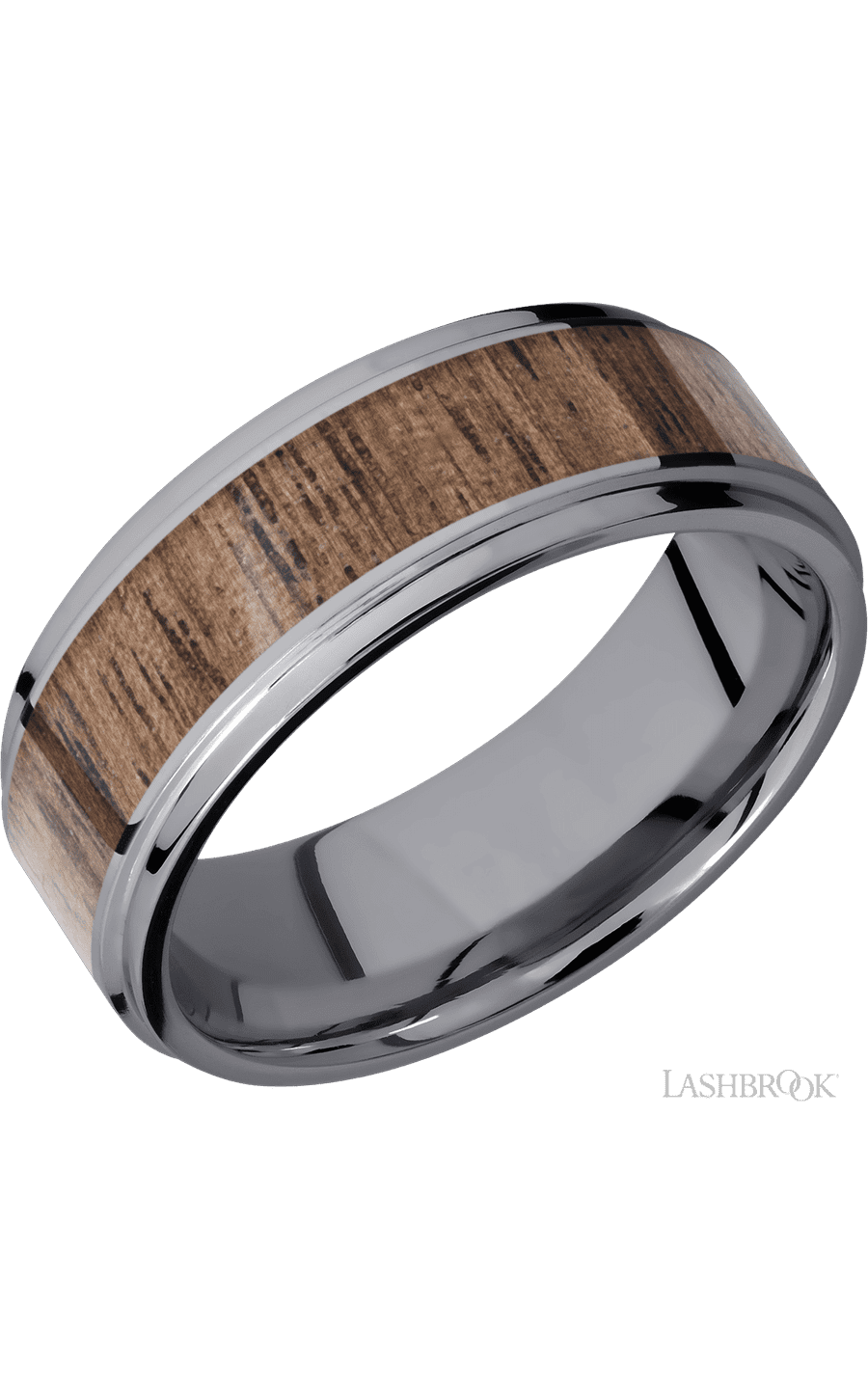 8 mm wide/Flat Grooved Edges/Tantalum band with one 5 mm Centered inlay of Walnut.