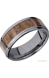 8 mm wide/Flat Grooved Edges/Tantalum band with one 5 mm Centered inlay of Walnut.