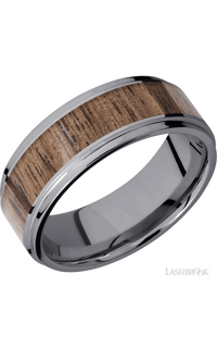8 mm wide/Flat Grooved Edges/Tantalum band with one 5 mm Centered inlay of Walnut.