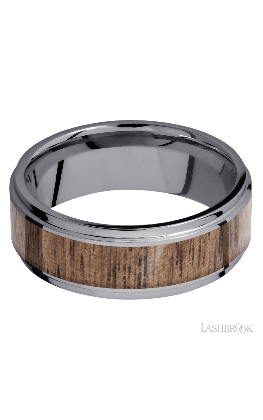 8 mm wide/Flat Grooved Edges/Tantalum band with one 5 mm Centered inlay of Walnut.