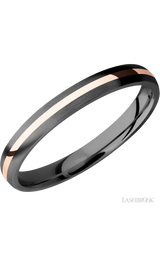 3 mm wide/Domed/Zirconium band with one 1 mm Centered inlay of 14K Rose Gold.