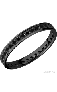 3 mm wide/Flat/Zirconium band with an Eternity arrangement of .03 carat Round Black Diamond stones in a Bead setting.