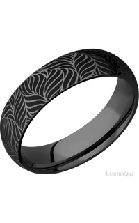 6 mm wide/Domed/Zirconium band with a laser carved Twisted Leaf pattern.