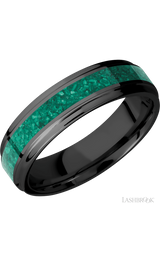 6 mm wide/Flat Grooved Edges/Zirconium band with one 3 mm Centered inlay of Malachite.