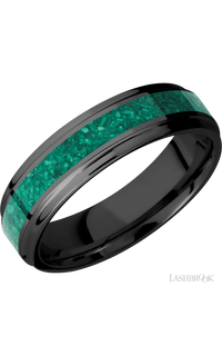 6 mm wide/Flat Grooved Edges/Zirconium band with one 3 mm Centered inlay of Malachite.