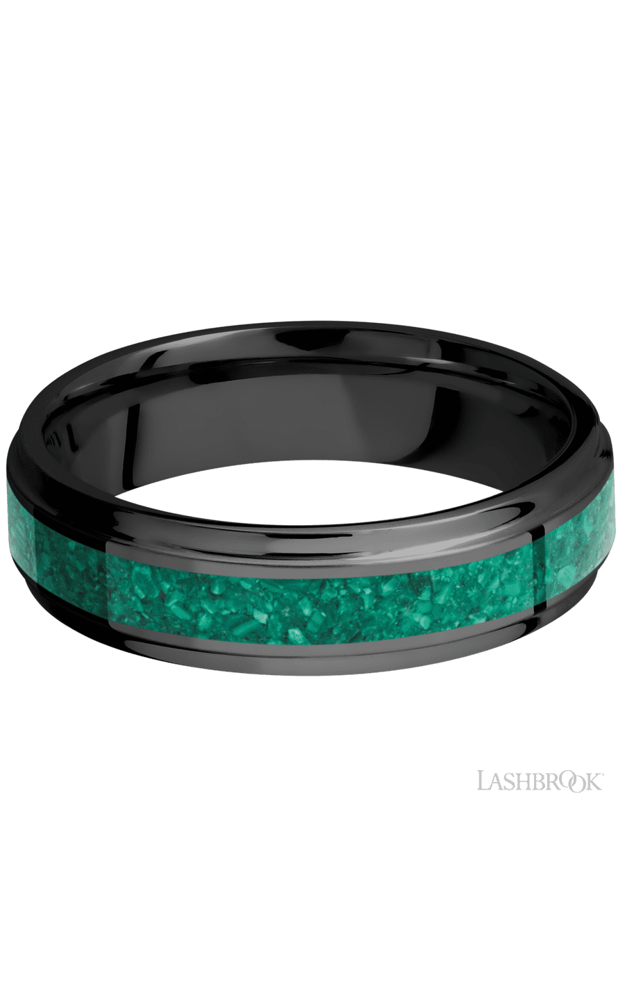 6 mm wide/Flat Grooved Edges/Zirconium band with one 3 mm Centered inlay of Malachite.