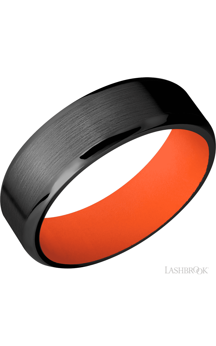 7 mm wide Beveled Zirconium band featuring a Hunter Orange sleeve.