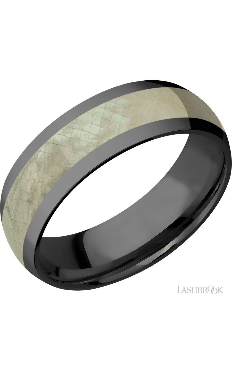 7 mm wide/Domed/Zirconium band with one 4 mm Centered inlay of Freshwater Mother of Pearl.