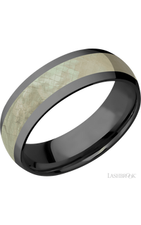 7 mm wide/Domed/Zirconium band with one 4 mm Centered inlay of Freshwater Mother of Pearl.