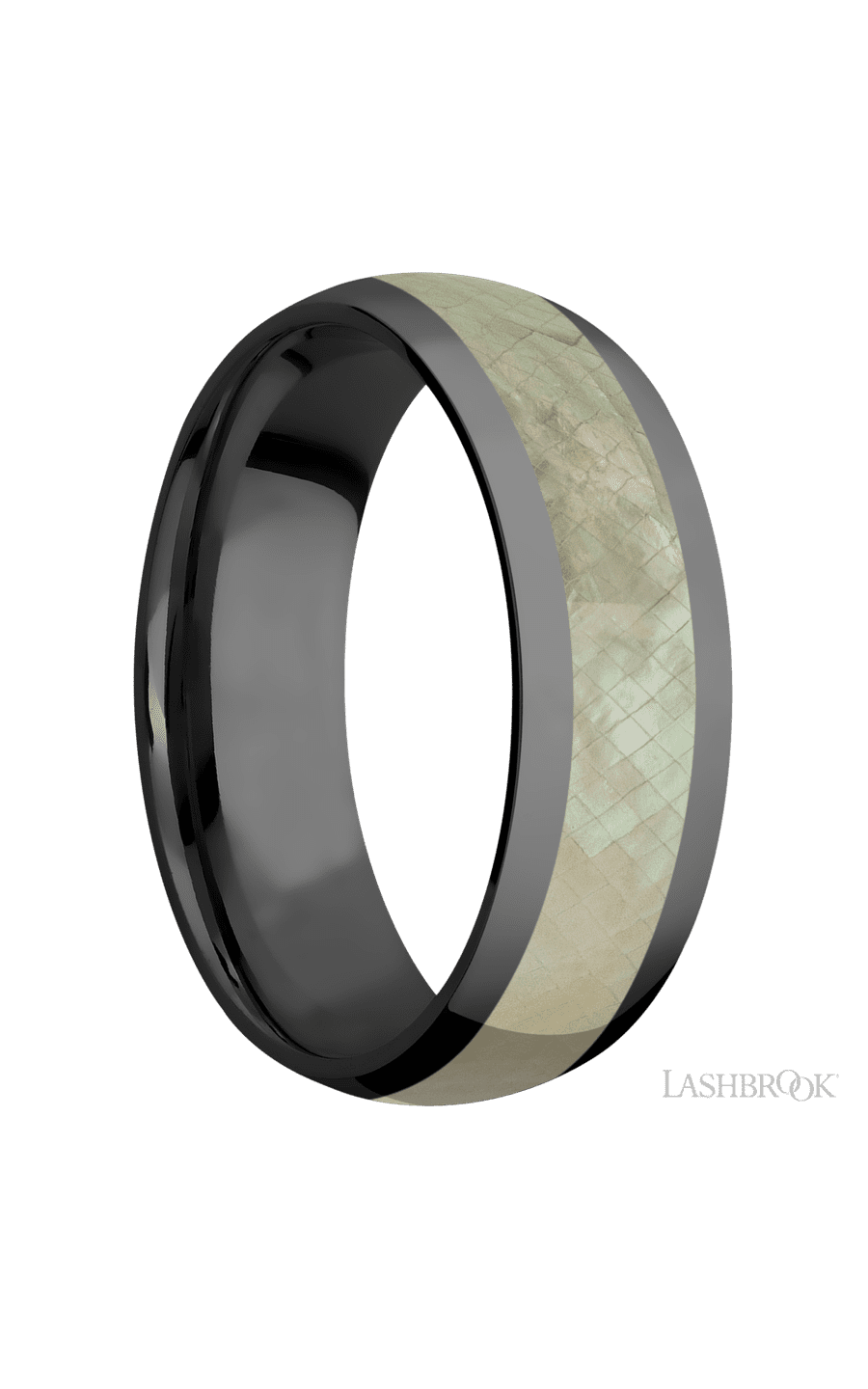 7 mm wide/Domed/Zirconium band with one 4 mm Centered inlay of Freshwater Mother of Pearl.