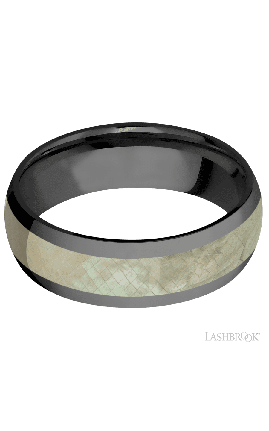7 mm wide/Domed/Zirconium band with one 4 mm Centered inlay of Freshwater Mother of Pearl.