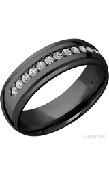 7 mm wide/Domed Stepped Down Edges/Zirconium band with a Half Eternity arrangement of .03 carat Round Diamond stones in a Bead setting.