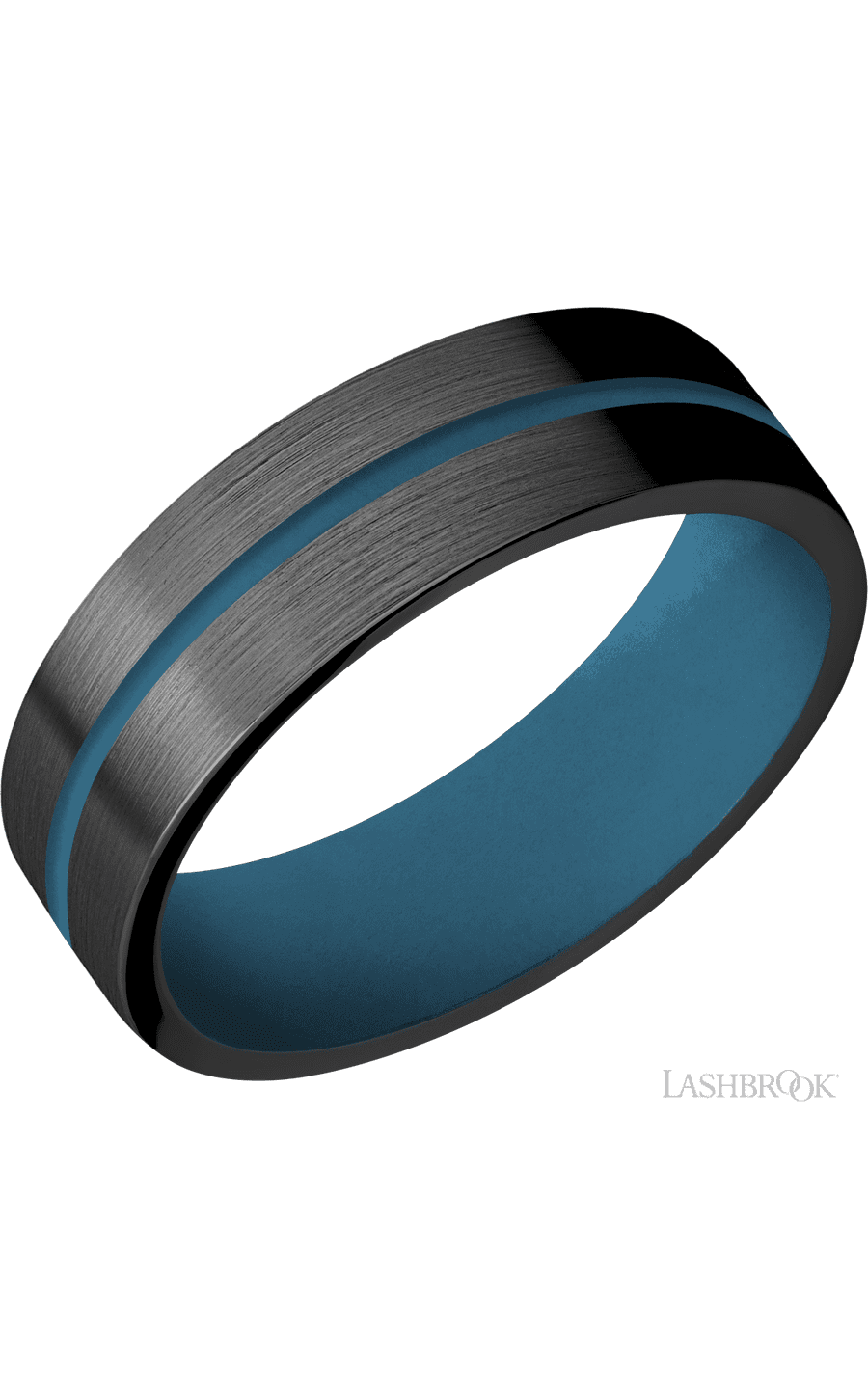 7 mm wide/Flat/Zirconium band with one 1 mm Centered inlay of Royal Blue also featuring a Royal Blue sleeve.