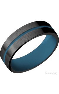 7 mm wide/Flat/Zirconium band with one 1 mm Centered inlay of Royal Blue also featuring a Royal Blue sleeve.