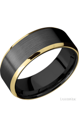 8 mm wide/Beveled/Zirconium band with two 1 mm Edge inlays of 14K Yellow Gold.