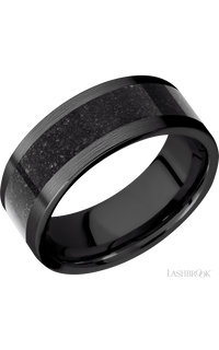 8 mm wide/Flat/Zirconium band with one 5 mm Centered inlay of Dinosaur Bone Black.