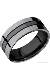 8 mm wide/Flat/Zirconium band with two 3 mm Double Off Center Edge inlays of Tantalum.