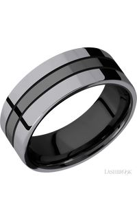 8 mm wide/Flat/Zirconium band with two 3 mm Double Off Center Edge inlays of Tantalum.