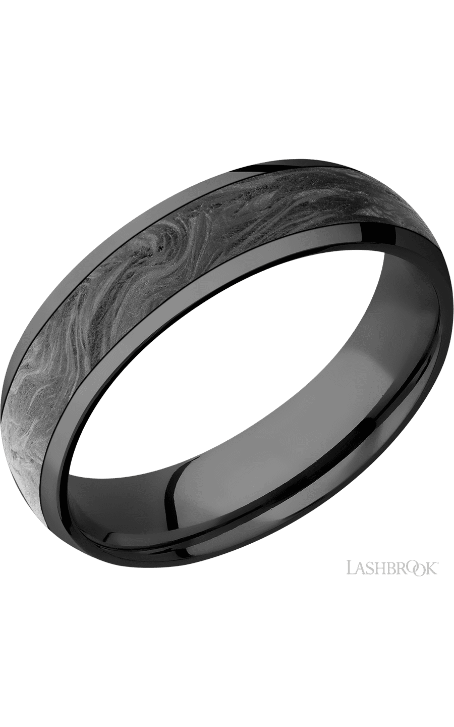 6 mm wide/Domed/Zirconium band with one 4 mm Centered inlay of Forged Carbon Fiber.