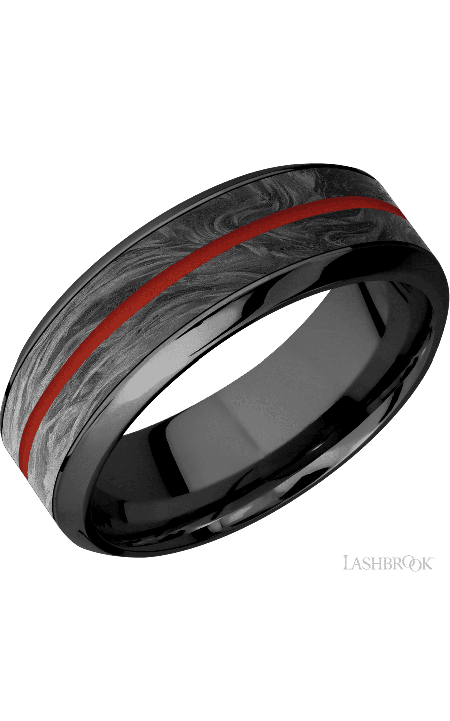 8 mm wide/High Bevel/Zirconium band featuring inlays of Forged Carbon Fiber and Red Apple.