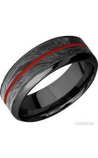 8 mm wide/High Bevel/Zirconium band featuring inlays of Forged Carbon Fiber and Red Apple.