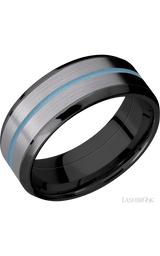 8 mm wide/Beveled/Zirconium band featuring inlays of Tantalum and Polar Blue.