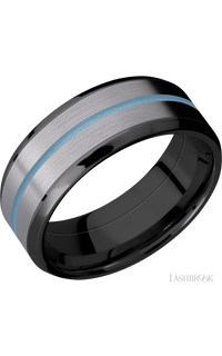 8 mm wide/Beveled/Zirconium band featuring inlays of Tantalum and Polar Blue.