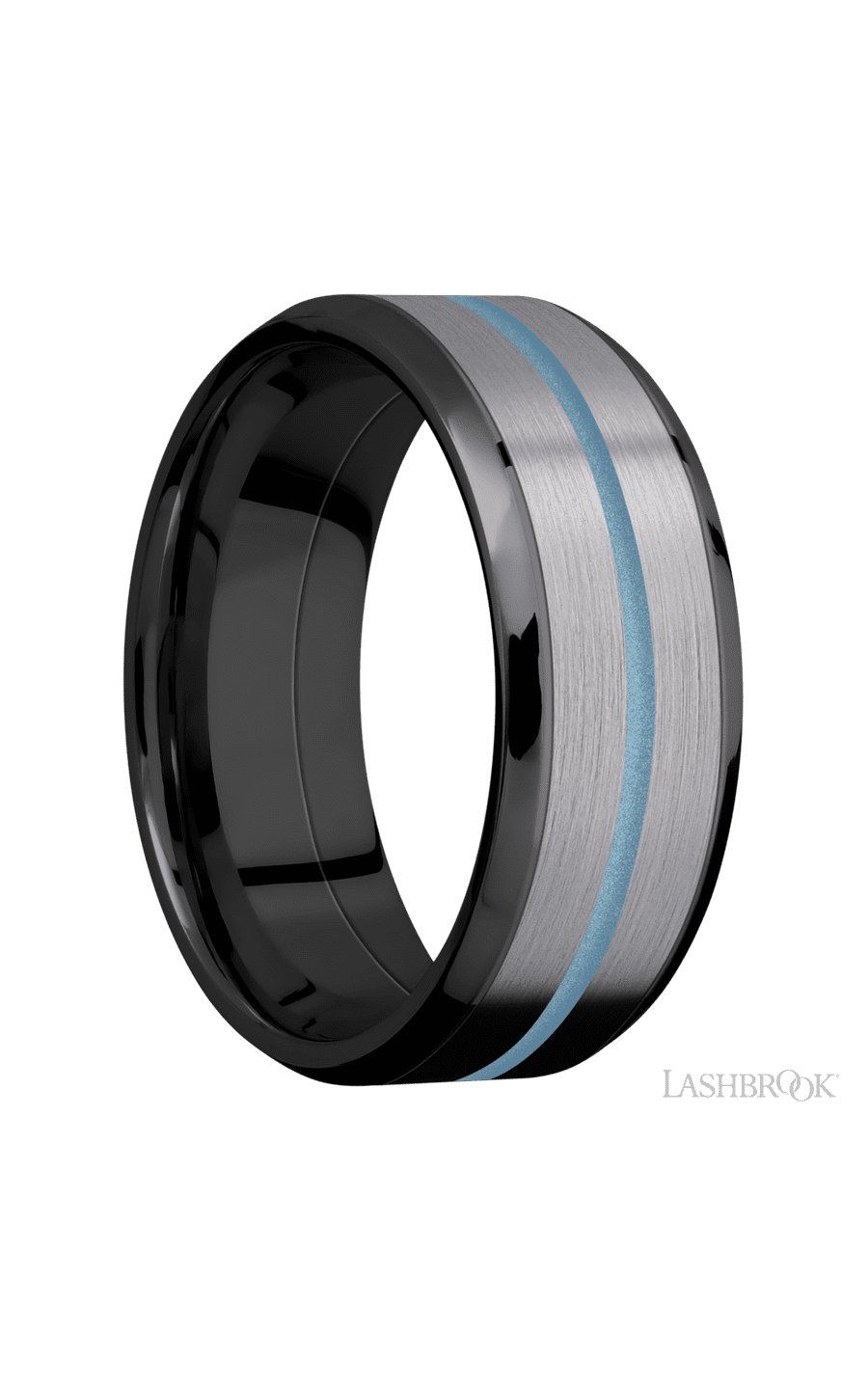8 mm wide/Beveled/Zirconium band featuring inlays of Tantalum and Polar Blue.