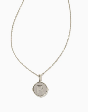 Letter R Silver Plated Disc Reversible Pendant in Black Mother of Pearl by Kendra Scott