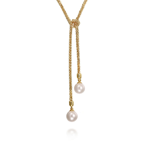 14K Yellow Gold 1.52cttw Fresh Water Pearl Wrap Around & Tie Necklace by Gabriel