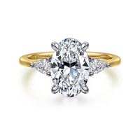 Sima - 14K White-Yellow Gold Oval Three Stone Diamond Engagement Ring