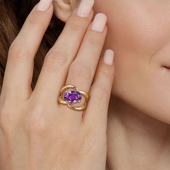 14K Yellow Gold Oval 3.81ct Amethyst Twist Ladies Ring by Gabriel & Co