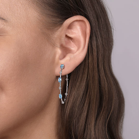 Sterling Silver 1.54cttw Swiss Blue Topaz Bujukan Classic 40mm Hoop Earrings by Gabriel