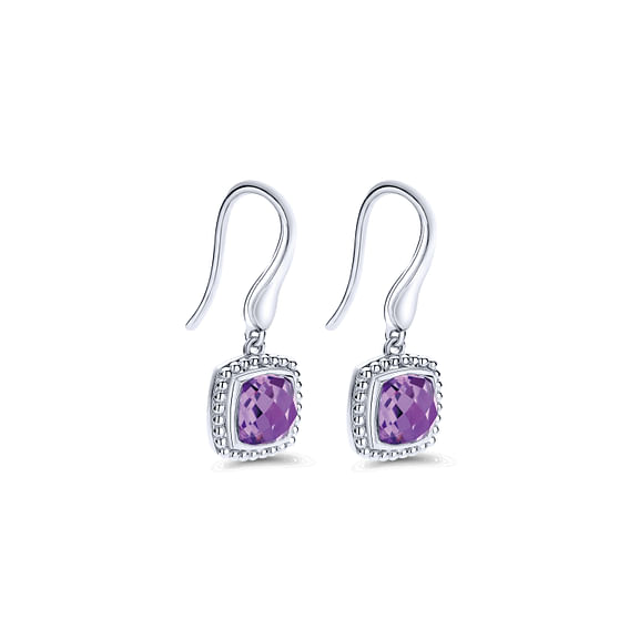 Sterling Silver Earrings with Cushion Cut Amethyst Drops