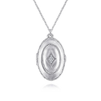 Sterling Silver Oval Locket Necklace with White Sapphire