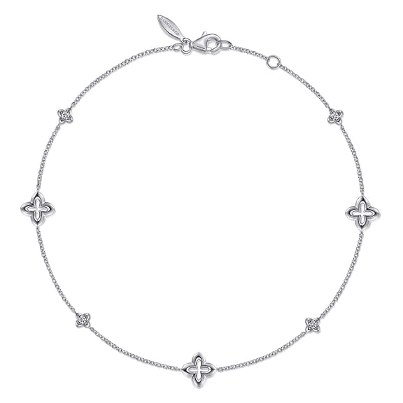 Sterling Silver White Sapphire Ankle Bracelet with Clover Stations