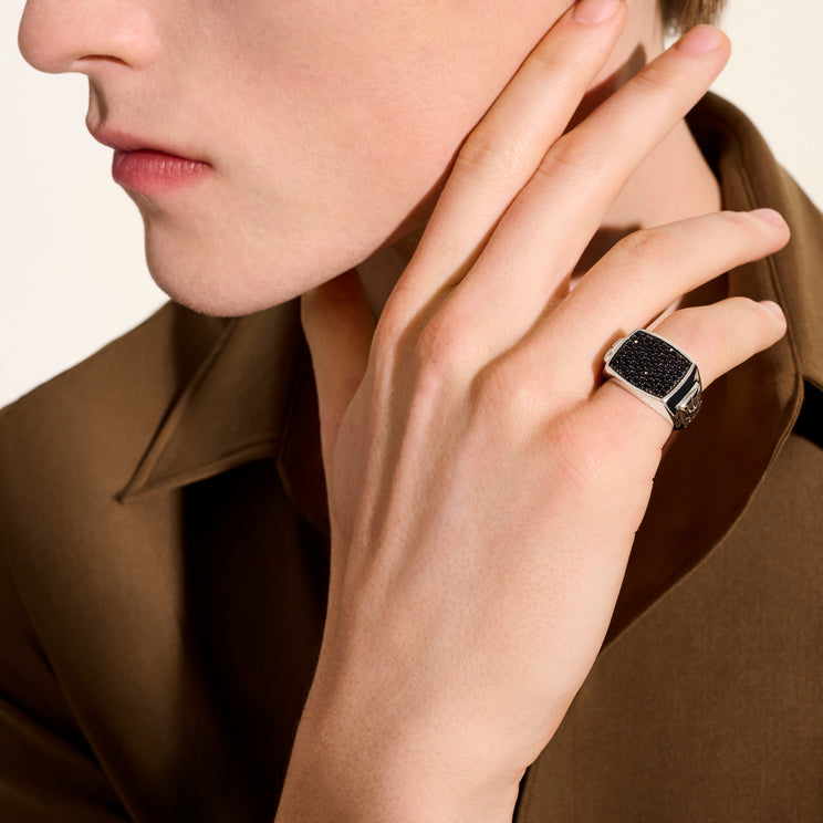 ID Silver Signet Ring with Treated Black Sapphire by John Hardy