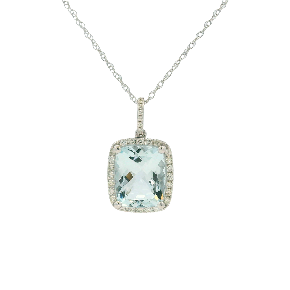 14K White Gold Aquamarine & Diamond Pendant Necklace by RJM
