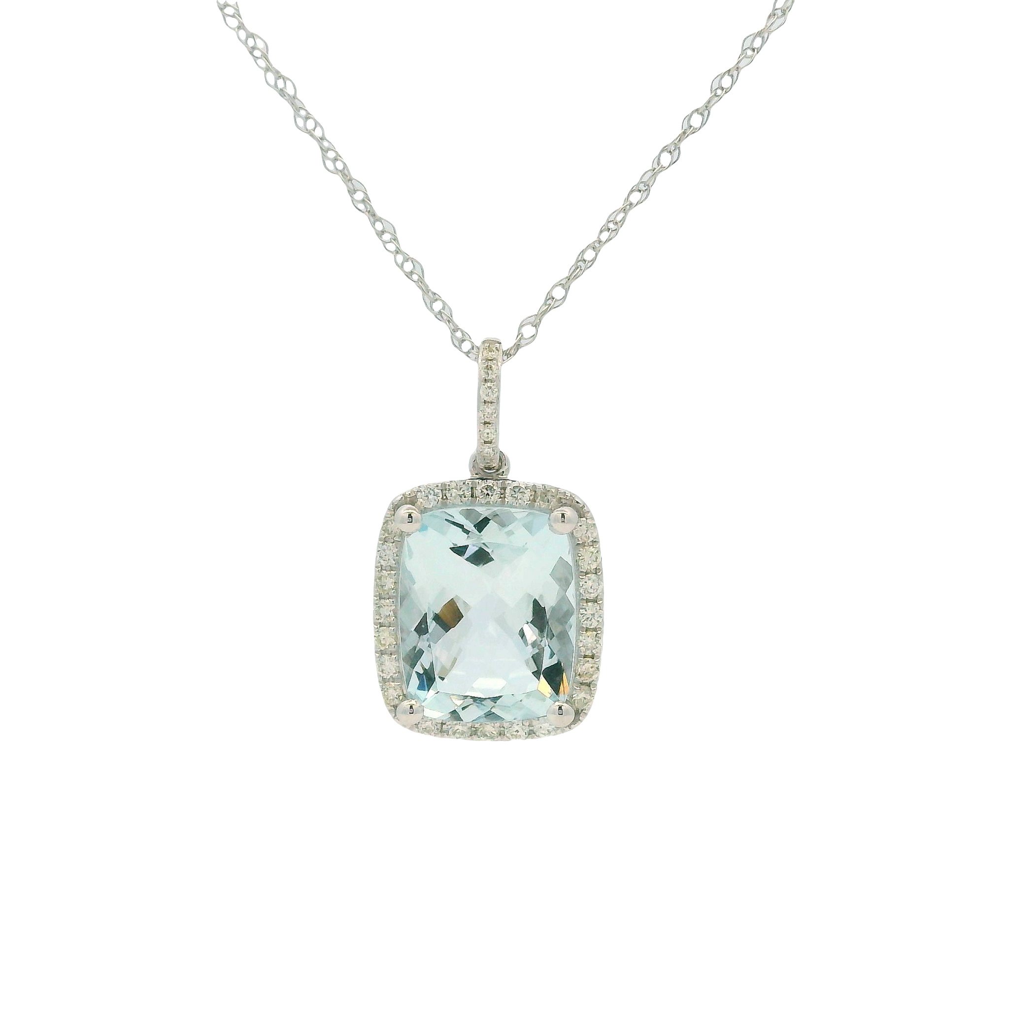 14K White Gold Aquamarine & Diamond Pendant Necklace by RJM
