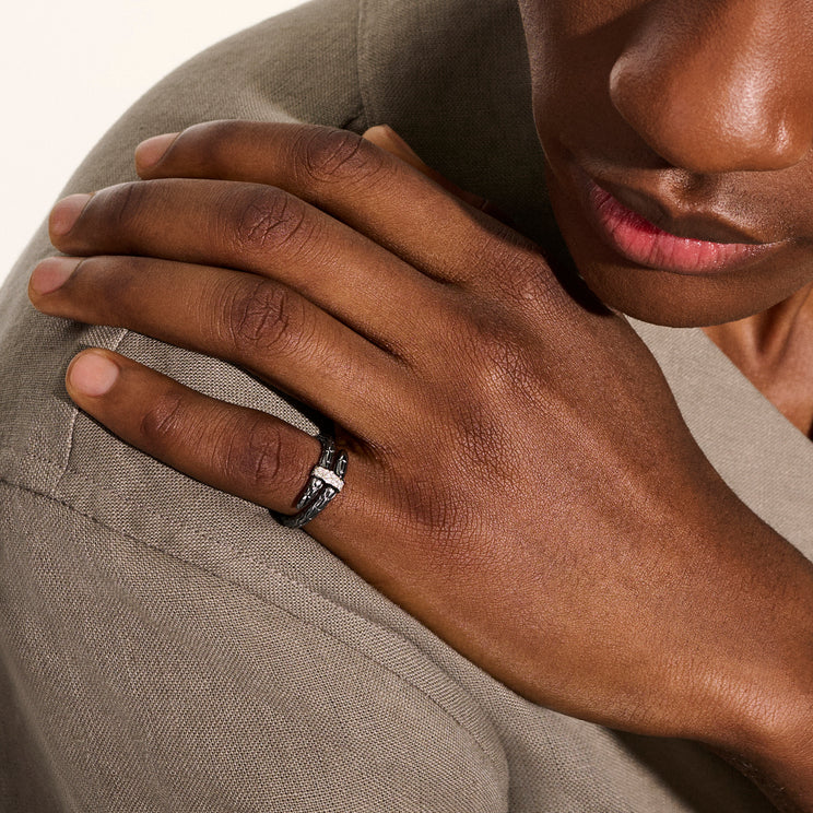 Spear Silver Diamond Pave Single Wrap Ring in Black Rhodium by John Hardy