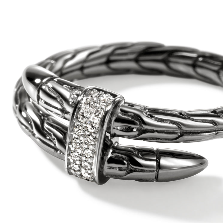Spear Silver Diamond Pave Single Wrap Ring in Black Rhodium by John Hardy