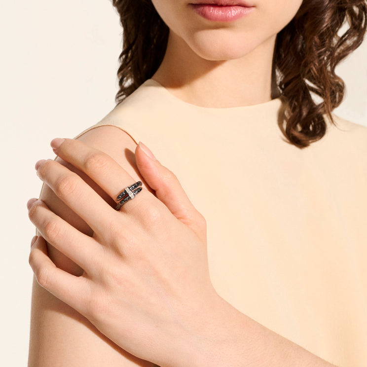 Spear Silver Diamond Pave Single Wrap Ring in Black Rhodium by John Hardy