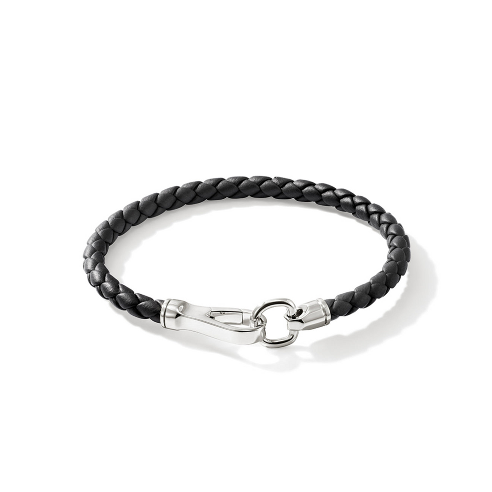 Men's Black Leather Cord Bracelet with Silver Hook Clasp by John Hardy