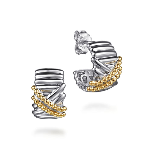 Sterling Silver & Yellow Gold Bujukan Shrimp Criss Cross J Hoop Earrings by Gabriel