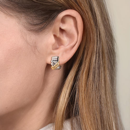 Sterling Silver & Yellow Gold Bujukan Shrimp Criss Cross J Hoop Earrings by Gabriel