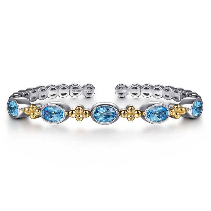 Sterling Silver & 14K Yellow Gold Bujukan 4.96cttw Blue Topaz Open Bangle Bracelet by Gabriel