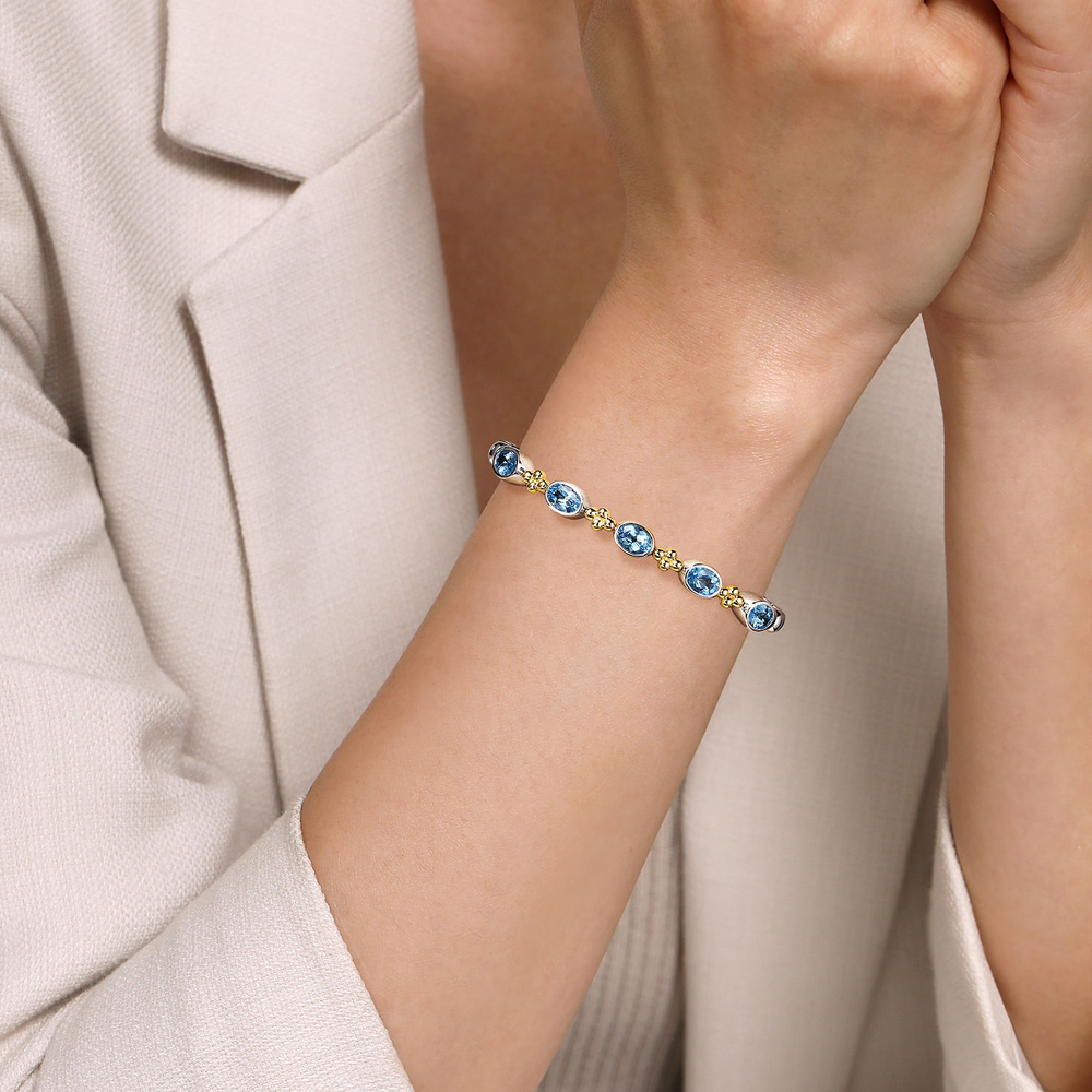 Sterling Silver & 14K Yellow Gold Bujukan 4.96cttw Blue Topaz Open Bangle Bracelet by Gabriel